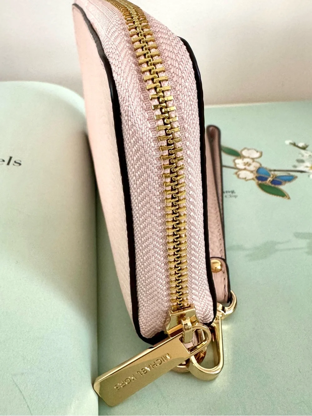 Michael Kors Light Pink Pebbled Leather Zip Wristlet Wallet with Gold Hardware